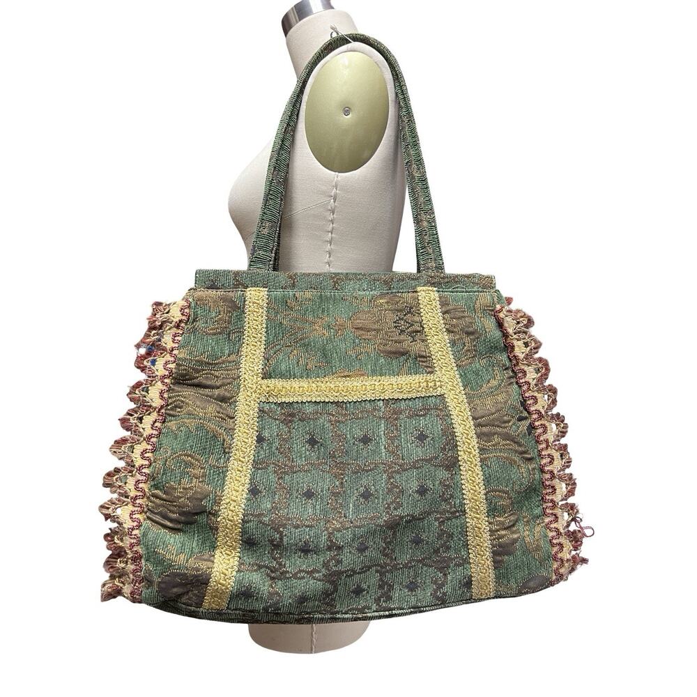 VTG Upholstery Tapestry Bag Tote Purse Fringe Green Gold BOHO Art to Wear